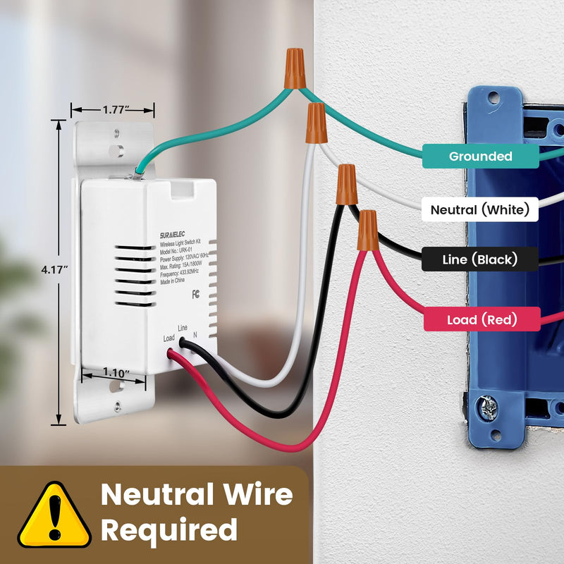 [Australia - AusPower] - Suraielec 3 Way Wireless Light Switch, Neutral Wire Required, Grounding, 15A High Power, 100ft Range, No Wiring No WiFi, Expandable Remote Control Light Switches for Lamp, Ceiling Light, Fan 