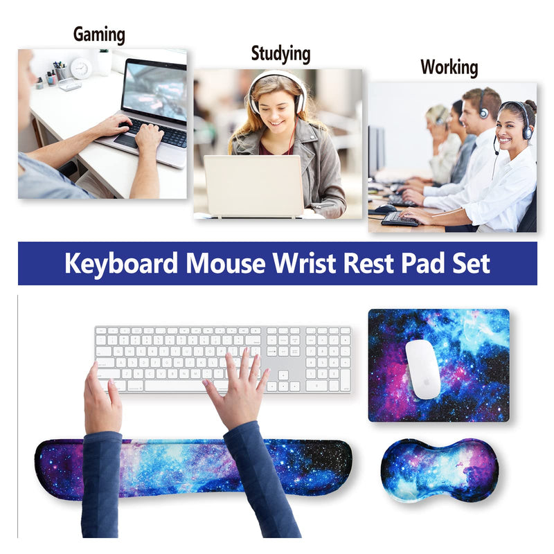 [Australia - AusPower] - ArtSo Keyboard Wrist Rest and Mouse Pad with Wrist Support Set Ergonomic Coaster, Memory Foam Mousepad 4 in 1 Non-Slip Rubber Base Durable Comfortable for Easy Typing Pain Relief, Starry Sky Galaxy 