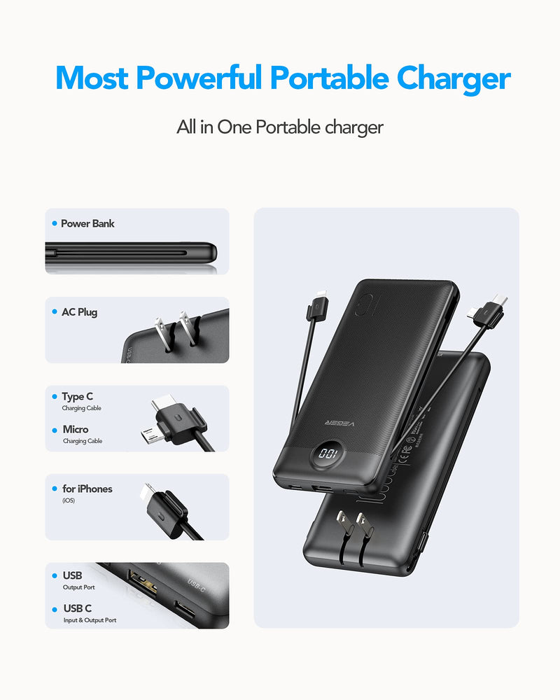 [Australia - AusPower] - VEGER Portable Charger for iPhone Built in Cables Fast Charging USB C Slim 10000 Power Bank, Wall Plug USB Battery Pack for iPhones, iPad, Samsung More Phones Tablets (Black) Black 