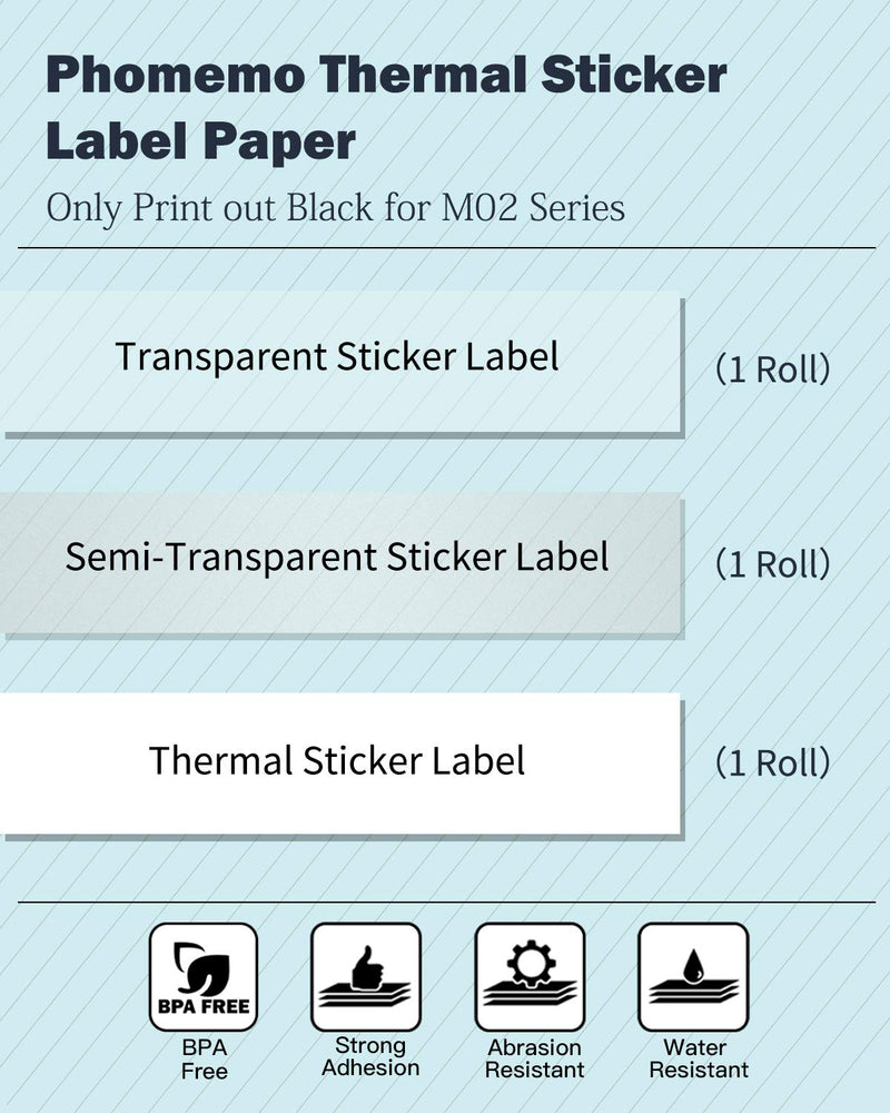 [Australia - AusPower] - Phomemo M02 Mini Bluetooth Portable Printer with 3 Roll Thermal Sticker Label Paper - Transparent/Semi-Transparent/Thermal Sticker Paper 
