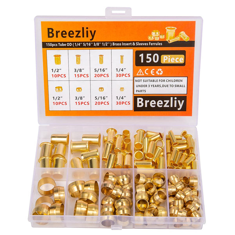 [Australia - AusPower] - Breezliy 150PCS Tube OD（1/4" 5/16" 3/8" 1/2") Brass Compression Sleeves Ferrules & Insert,4 Sizes Brass Compression Fitting Assortment Kit 150PCS Sleeves Ferrules & Insert 