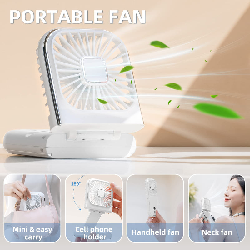 [Australia - AusPower] - Mini Fan Portable Handheld Fan Rechargeable Small Battery Operated Personal Fan all in 1 as Power Bank, Phone Holder, Hand Held Fan, Mini Desk Fan, Travel Fan, USB Fan, 3000 mAh, 4 Speed, Neck lanyard White 