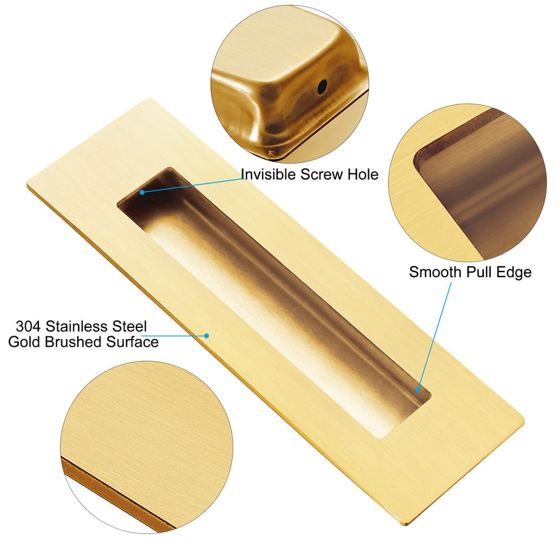 [Australia - AusPower] - Malimali 6 Inch Gold Recessed Finger Flush Pulls for Pocket Door Closet Door, Sliding Barn Door Handle Hardware Brushed Gold Stainless Steel Rectangular Door Pulls (2 Pack) Rectangle (2 Pack) 