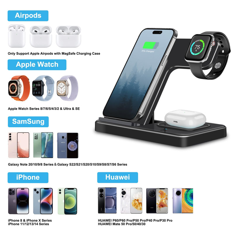 [Australia - AusPower] - Wireless Charging Station Multiple Devices: 3-in-1 Phone Fast Multi Charger Stand for Apple Products iPhone 14 13 12 11 Pro Max XS XR X 8 Plus Watch 8 7 6 5 4 3 2 SE and AirPods 3 2 Pro 