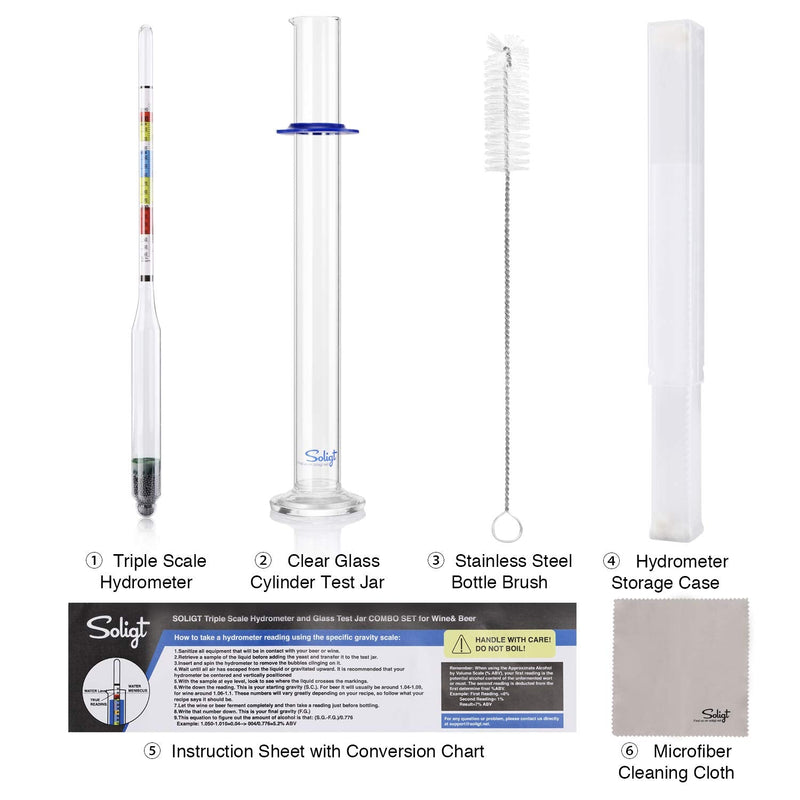 [Australia - AusPower] - SOLIGT Triple Scale Hydrometer and Glass Test Jar for Wine, Beer, Mead & Cider - ABV, Brix and Gravity Test Kit 