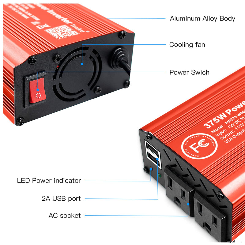 [Australia - AusPower] - TVNIKD car Power Inverter Rate 375 W / Peak 750 W 12 V to110 V DC to AC Power Converter with 2 AC & 2 USB Port… 375W Red 