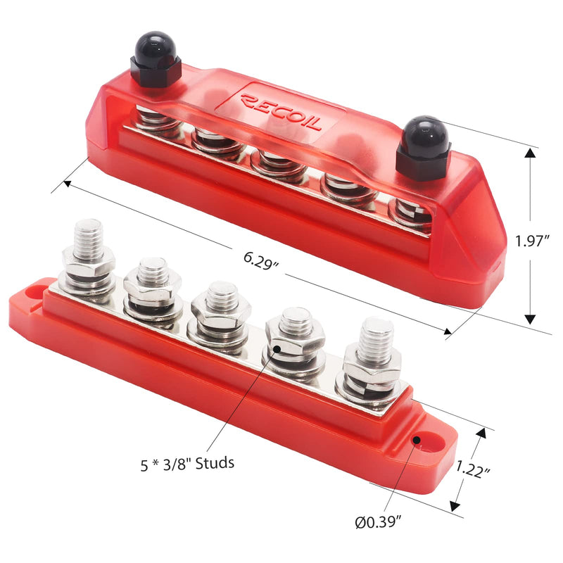 [Australia - AusPower] - RECOIL BB5P Busbar 5 x 3/8” Studs Red & 5 x 5/16” Studs Black Power Distribution Block with Ring Terminals, Pair Red 5x3/8" Studs & Black 5x5/16" Studs Pair 