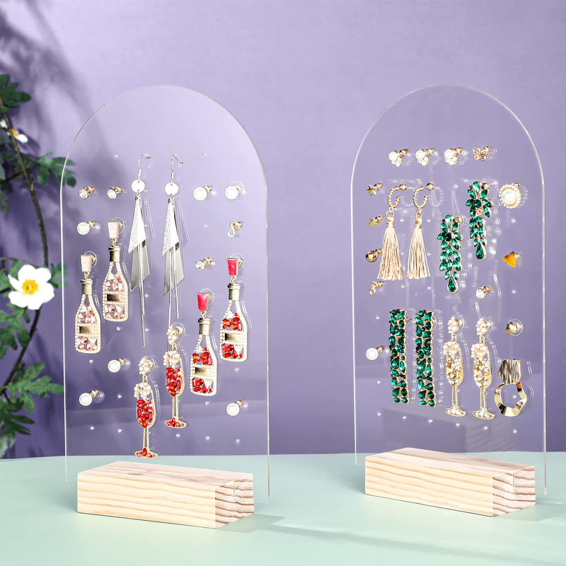 [Australia - AusPower] - 2 Pcs Acrylic Earring Display Earring Holder for Girls Earring Display Stands for Selling Earring Organizer Clear Earrings Display Pegboards Wood Base Girls Room Decor, 104 Holes Arch Style 