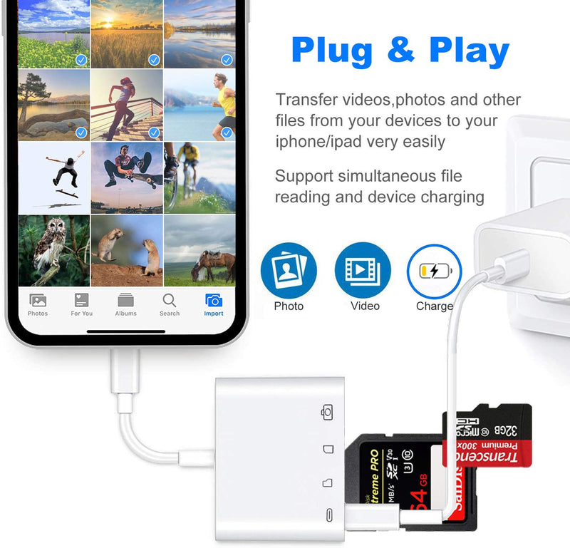 [Australia - AusPower] - GERFFINS SD Card Reader for iPhone 4 in 1 SD Card Adapter Micro SD Card Reader for iPad with Lightning Port Trail Camera Viewer Portable Memory Card Reader Plug and Play 