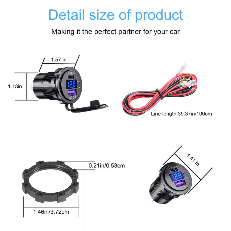 [Australia - AusPower] - USB C & USB A Dual Port Car Charger Socket with LED Voltmeter and ON/Off Switch 12v Outlet Waterproof with Cap 12V/24V for Car, Boat, Golf Cart, Bus, RV, Automotive Marine ATV Truck blue-led 