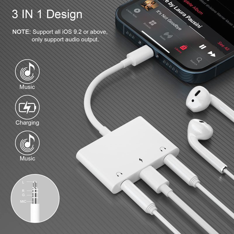 [Australia - AusPower] - iPhone Charger and Headphone Splitter, Dual 3.5mm Jack Headphone Splitter + Dongle Charger Splitter for iPhone 13/12/11/11Pro/11Pro Max/XR/XS/X/8/8Plus, Support iOS 15 