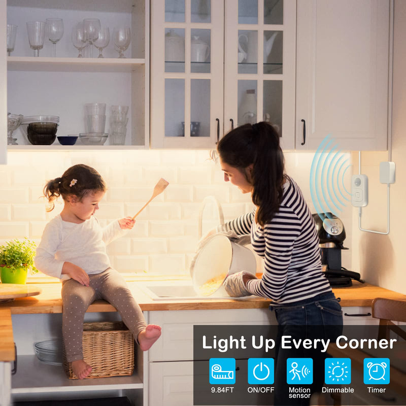 [Australia - AusPower] - Motion Sensor Under Cabinet Lights - Plug-in LED Strip Lights Indoor with Power Adapter, Dimmer and Timer for Kitchen Cabinet, Counter, Shelf, Showcase, Stairway, Bedroom, Corridor, Washroom 9.84FT LIGHT STRIP (WITH POWER ADAPTER) Warm White 3000k 9.84ft 