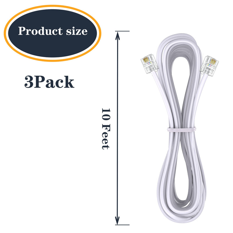 [Australia - AusPower] - Ubramac 3Pack Phone Cord Phone Telephone Extension Cord 10ft Cable Line with Standard RJ11 6P4C Plugs for Landline Phone and Fax,(White, 10Feet) 