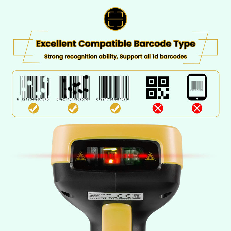 [Australia - AusPower] - Deli Wireless Barcode Scanner, 1D Barcode Reader, 2.4Ghz Wireless/USB 2.0 Wired UPC Scanner, 328 ft Transmission Range, 2000mAh Battery Cyber Yellow 