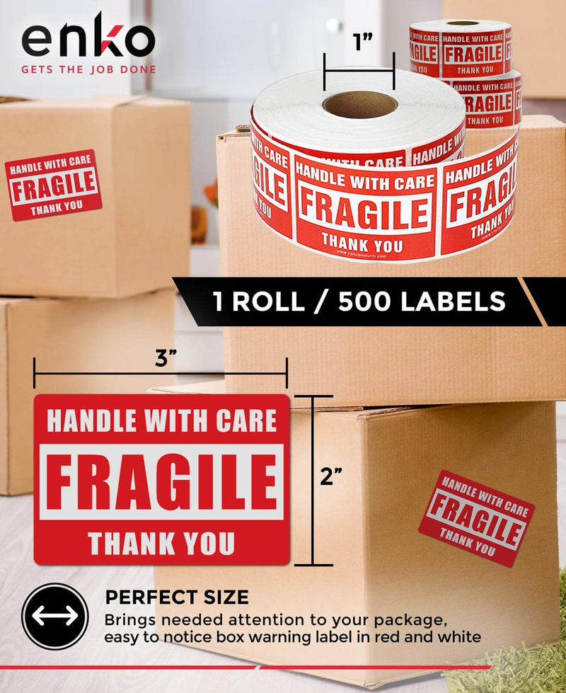 [Australia - AusPower] - enKo - 2 x 3 Inch Fragile Stickers Handle with Care Warning Packing Shipping Label - Permanent Adhesive (1 Roll, 500 Labels) 1 Roll - 500 Labels 