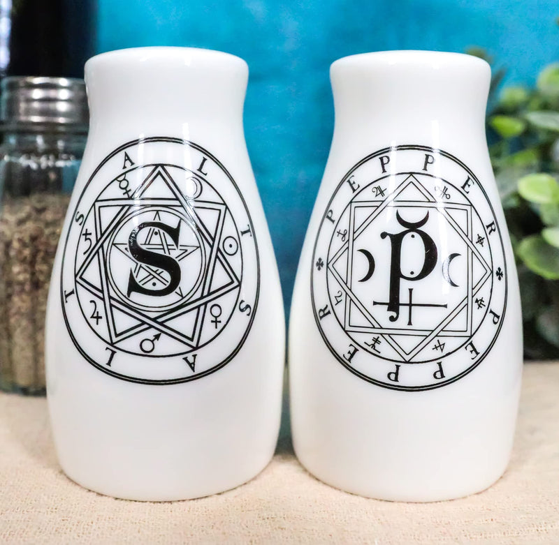 [Australia - AusPower] - Ebros Wicca Magic Sacred Geometry Interwoven Pentacle Crescent Moons Ceramic Salt And Pepper Shakers Set Figurines Party Kitchen Tabletop Halloween Ossuary Macabre Alchemy Collectible Decorative 