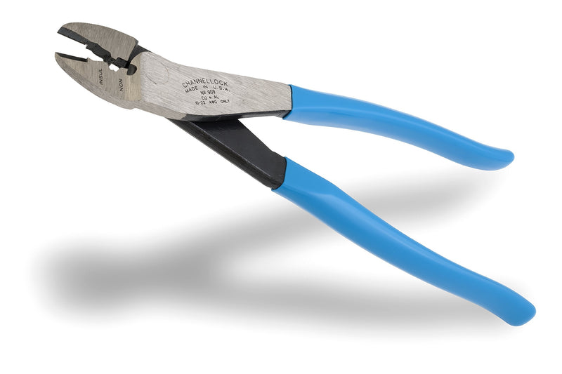 [Australia - AusPower] - Channellock 909 9.5-Inch Wire Crimping Tool | Electrician's Terminal Crimp Pliers with Cutter are Designed for Insulated and Non-Insulated Connections | Forged from High Carbon Steel | Laser Heat-Treated Edges Last Longer | Made in the USA 