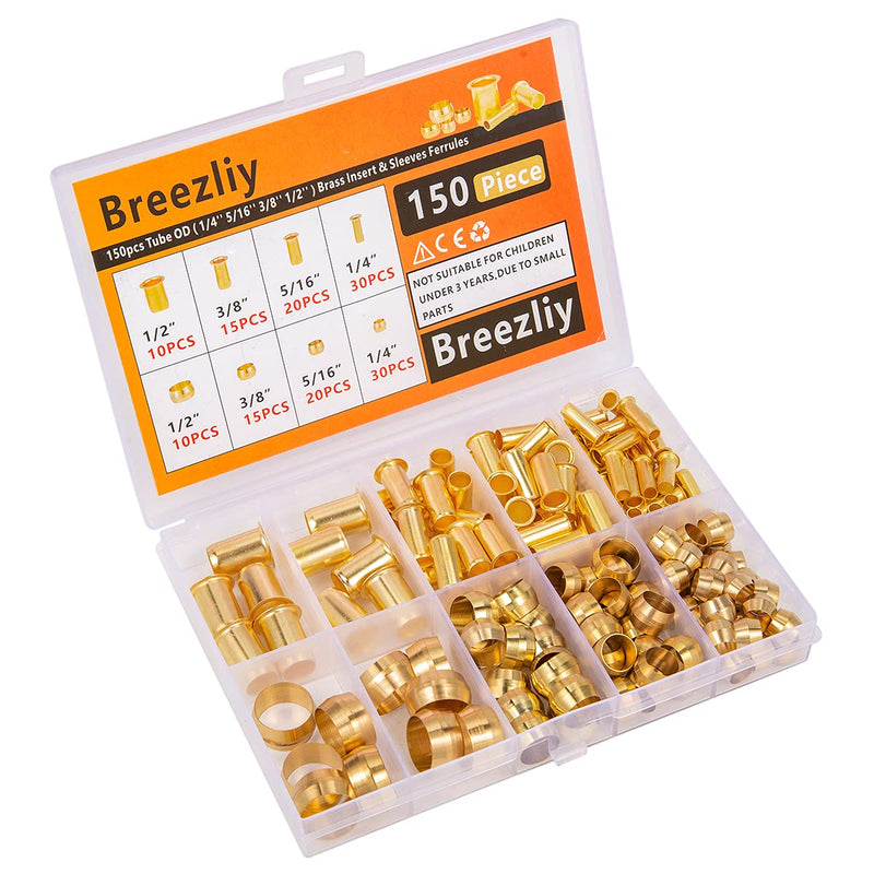 [Australia - AusPower] - Breezliy 150PCS Tube OD（1/4" 5/16" 3/8" 1/2") Brass Compression Sleeves Ferrules & Insert,4 Sizes Brass Compression Fitting Assortment Kit 150PCS Sleeves Ferrules & Insert 