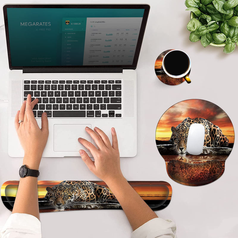 [Australia - AusPower] - Ergonomic Mouse Pad Wrist Support & Keyboard Wrist Rest Set (with Coaster), Memory Foam Gel Keyboard Moue Pads Combo for Easy Typing Pain Relief Computer Laptop Office-Leopard Drinking Leopard Drinking 
