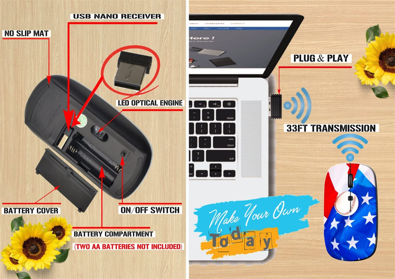 [Australia - AusPower] - Maizi Wireless Mouse for Laptop Computer PC MacBook Chromebook, Wireless Mouses Image ID: 10046308 American Flag and Baseball Ball Portable 2.4G with USB Receiver Made in USA BYADAUa0PA_AMERICAN FLAG AND BA_042 