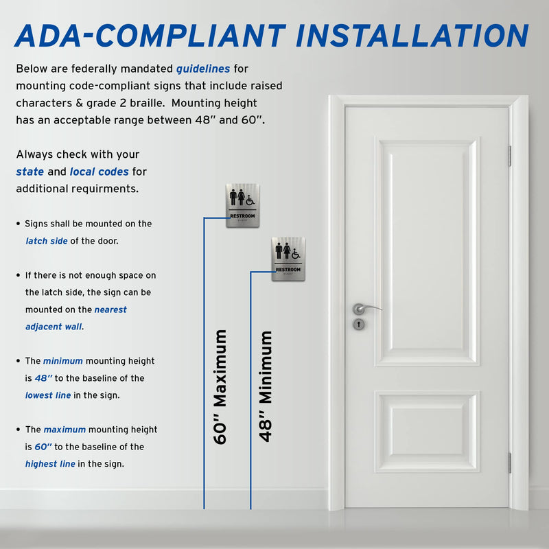 [Australia - AusPower] - Unisex/Wheelchair Bathroom Sign by GDS - ADA Compliant, Wheelchair Accessible, Raised Icons, & Grade 2 Braille - Includes Adhesive Strips for Easy Installation - Modern Restroom Signs for Offices, Businesses, & Restaurants - 6" W x 8" H (Brushed Alumin... 