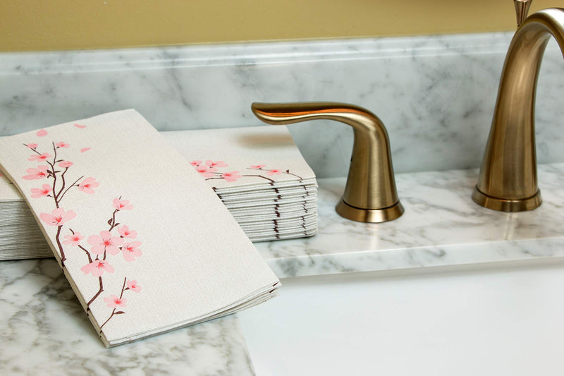 [Australia - AusPower] - SimuLinen Disposable Guest Bathroom Hand Towels – CHERRY BLOSSOM Design - Linen-Feel Disposable Paper Towels, Cloth-Like Texture Single-Use - Perfect Size: 12x17” Unfolded & 8.5x4” Folded - Pack of 25 