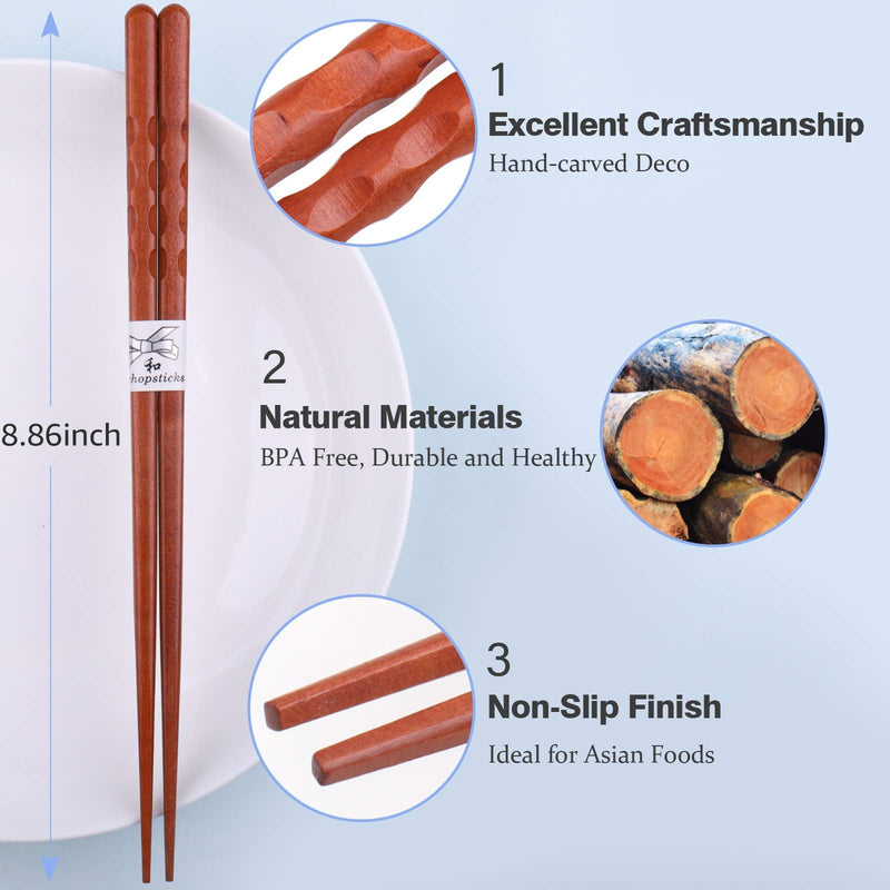 [Australia - AusPower] - GLAMFIELDS Reusable Chopsticks Japanese Natural Wooden 5 Pairs Classic Style Lightweight Hand-Carved Safe Chop Sticks 8.8 Inch/22.5cm Gift Set Multicolor 