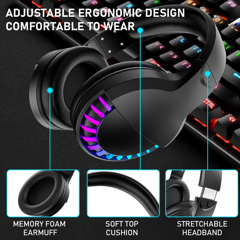 [Australia - AusPower] - Wireless Bluetooth Headphone with Noise Cancellation HiFi Stereo Sound Mic Deep Bass Protein Earpad Rainbow RGB Backlight Rechageable Over Ear Headset for PC Mac Game Travel Class Home Office(Black) Black 