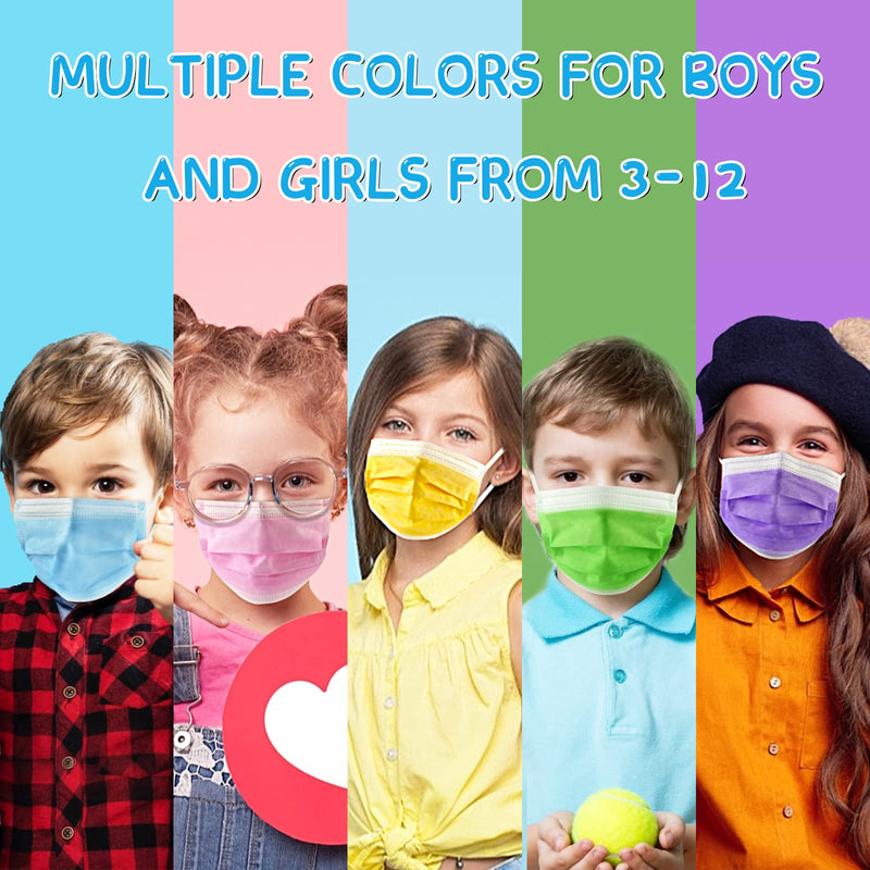 [Australia - AusPower] - Kids Disposable Face Masks 100 Pack, 3-Layer Safety Masks Colorful Childrens Disposable Face Mask Girls & Boys 