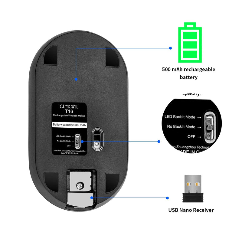 [Australia - AusPower] - Wireless Backlit Mouse LED Silent Rechargeable Battery with Optical Backlight Switch Compatible Mac Windows 7/8/10 for PC Laptop(Black) black 