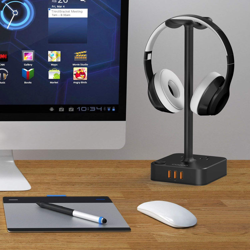 [Australia - AusPower] - Headphone Stand with USB Charger COZOO Desktop Gaming Headset Holder Hanger with 3 USB Charger and 2 Outlets - Suitable for Gaming, DJ, Wireless Earphone Display (Black) 1.Black 