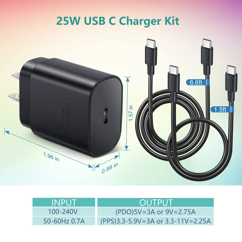 [Australia - AusPower] - Excgood Super Fast Type C Charger Kit 25W USB C Charger with 2 Type C to C Cable (6.6ft+1.5ft) Compatible with Samsung Galaxy S22/S22 Ultra/ S21 FE 5G/ S20, Note 10+/20,A80/A70,Pixel 4/3XL, Tablets 