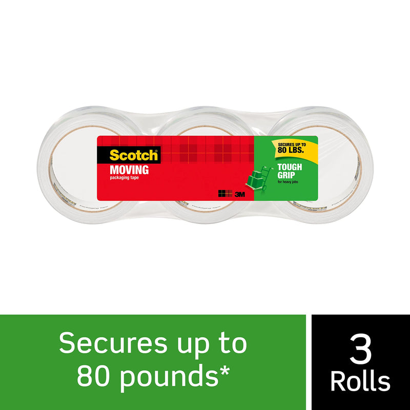 [Australia - AusPower] - Scotch Tough Grip Moving Packaging Tape, 1.88" x 38.2 yd, Strong Hold on All Box Types Including Recycled, Secures Boxes up to 80 lbs, 3" Core, Clear, 3 Rolls (3500S-3) 