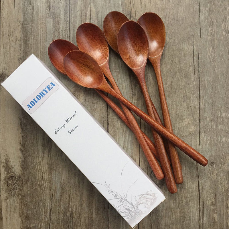 [Australia - AusPower] - Wooden Spoons, 6 Pieces 9 Inch Wood Soup Spoons for Eating Mixing Stirring, Long Handle Spoon with Japanese Style Kitchen Utensil, ADLORYEA Eco Friendly Table Spoon Brown 