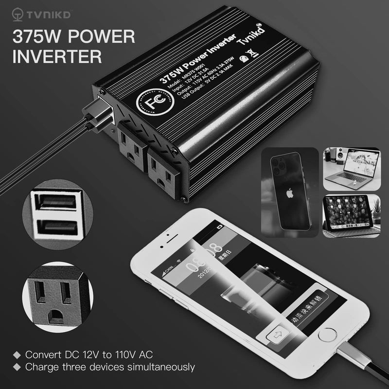 [Australia - AusPower] - TVNIKD Power Inverter Rate 375 W / Peak 750 W DC to AC 12V to 110V Power Converter with 2 AC & 2 USB Port… 375W Black 