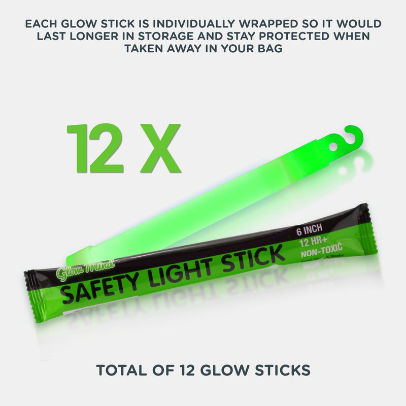 [Australia - AusPower] - Glow Mind 12 Ultra Bright Glow Sticks - Emergency Light Sticks for Camping Accessories, Parties, Hurricane Supplies, Earthquake, Survival Kit and More - Lasts Over 12 Hours (Green) Green 12 Pack 