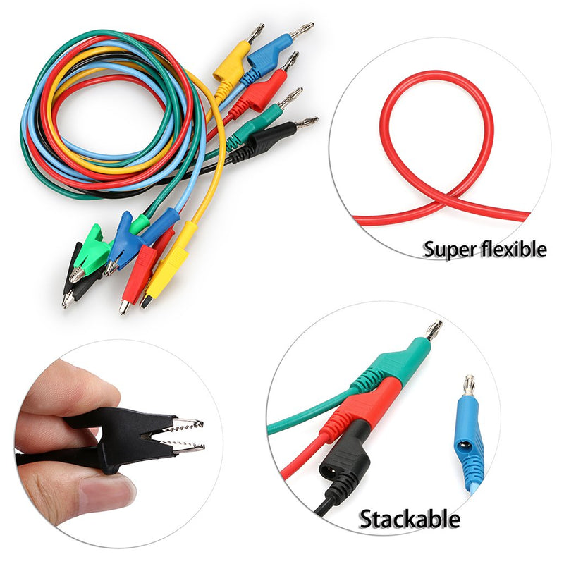 [Australia - AusPower] - Sumnacon Multimeter Banana Plug to Crocodile Alligator Clip Test Probe, 5PCS 4mm Stackable Colorful Silicone Banana Plug to Alligator Clip Test Probe Lead Wire Cable 1M 