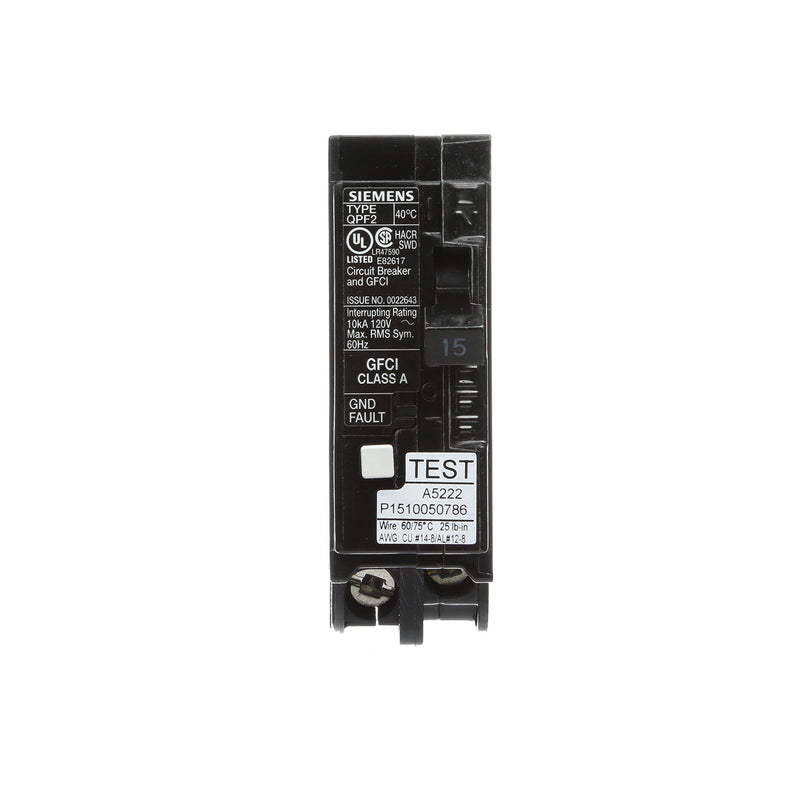 [Australia - AusPower] - Siemens QF115A SIEQF115A Ground Fault Circuit Interrupter, 15 Amp, 1 Pole, 120 Volt, 10,000 AIC, Black 