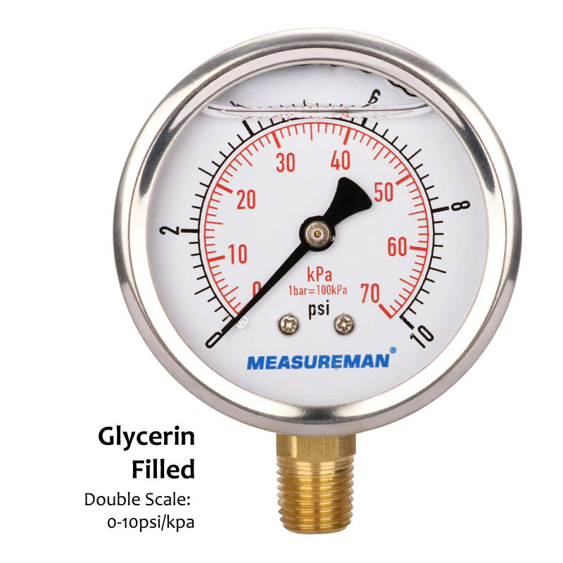 [Australia - AusPower] - MEASUREMAN 2-1/2" dial, 1/4"NPT Lower, Glycerin Filled, Stainless Steel case, Brass Inside, 0-10psi/kpa 0-10 psi Lower Mount 