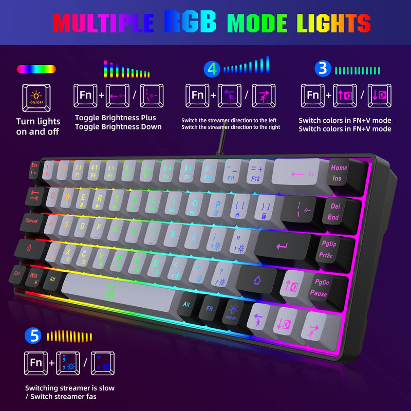 [Australia - AusPower] - Snpurdiri 60% Gaming Keyboard,RGB Compact Mini Keyboard,Wired Computer Membrane Keyboard for Windows PC Gamers(68 Keys,Grey -Black) Grey Black 