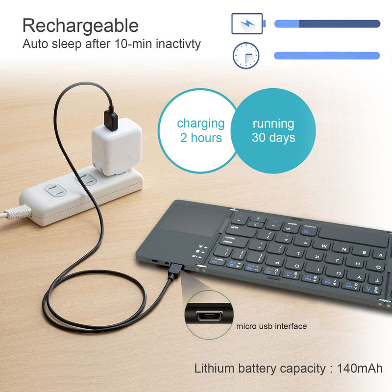 [Australia - AusPower] - Foldable Bluetooth Keyboard, Rock&Rown Pocket Size Portable Wireless Keyboard with Touchpad for Mac OS,Android, Windows, Linux, PC, Tablet, with Rechargeable Li-ion Battery-Dark Gray 