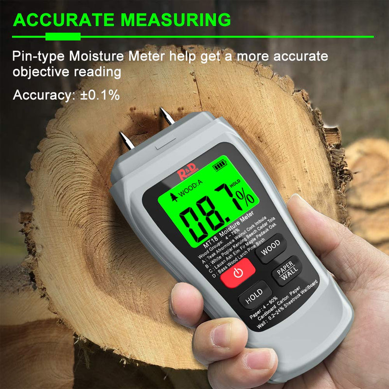 [Australia - AusPower] - Wood Moisture Meter MT-18 Two Pins Digital Wall Moisture Detector Paper Humidity Tester for Wood Building Material Firewood Walls Paper Floor (Grey) Grey 