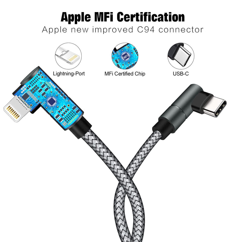 [Australia - AusPower] - USB C to Lightning Cable MFi Certified PD Fast iPhone 12 Charging 6ft Cable 90 Degree Type C Charger Cord Compatible with iPhone 13/12/12 ProMax/12Mini/11 Pro Max/X/XS/XR/8, iPad 8th (Grey) … 