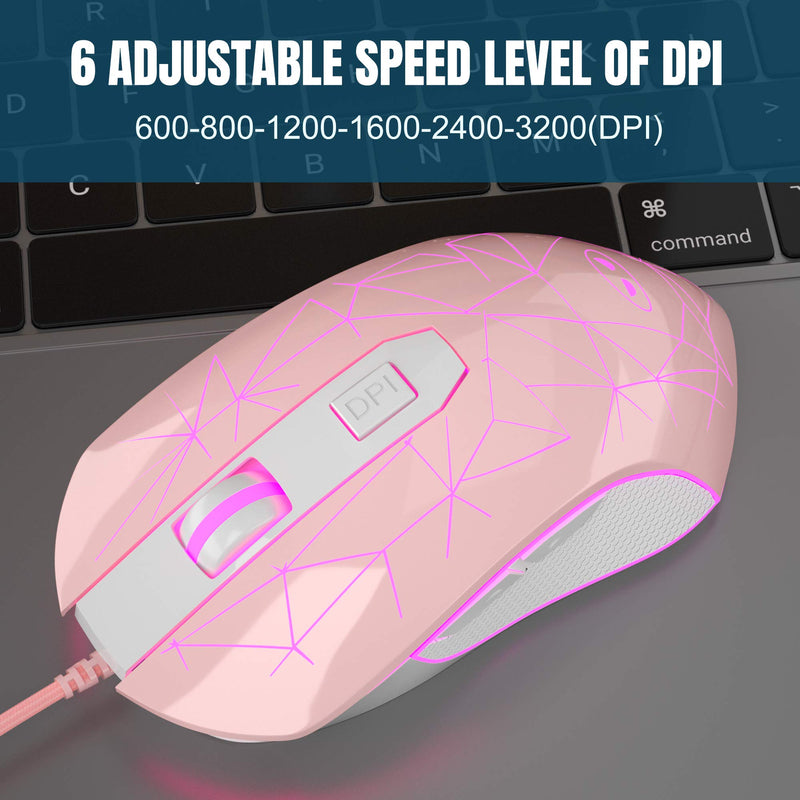 [Australia - AusPower] - MageGee G6 Wired Gaming Mouse, Ergonomic USB Optical Mouse with 7 Colors Breathing LED Backlit, 6 Adjustable DPI Levels from 600 to 3200 for Laptop PC Computer Games & Work, Pink 