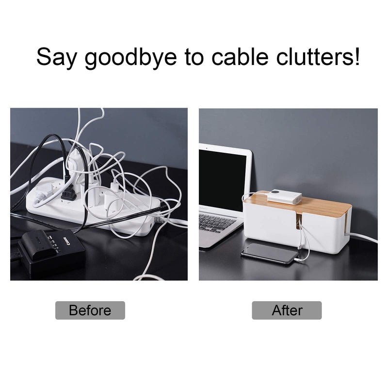[Australia - AusPower] - Changsuo Cable Management Box with Bamboo Lid Small Cable Organizer Box for Extension Cord Power Stripe Surge Protector Wire Management Concealer Organizer Cover Hider (White) White 