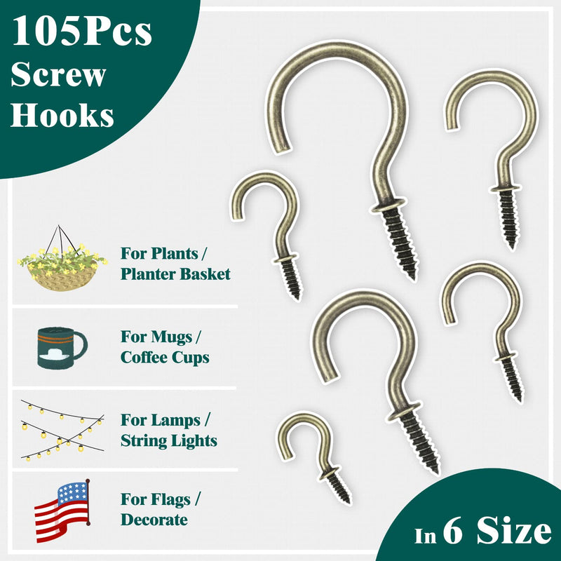 [Australia - AusPower] - EIENHOSHI Cup Hooks, Bronze, Screw-in Hooks Kit for Hanging(1/2", 5/8", 3/4", 7/8", 1'', 1-1/4") - 105 Pcs 