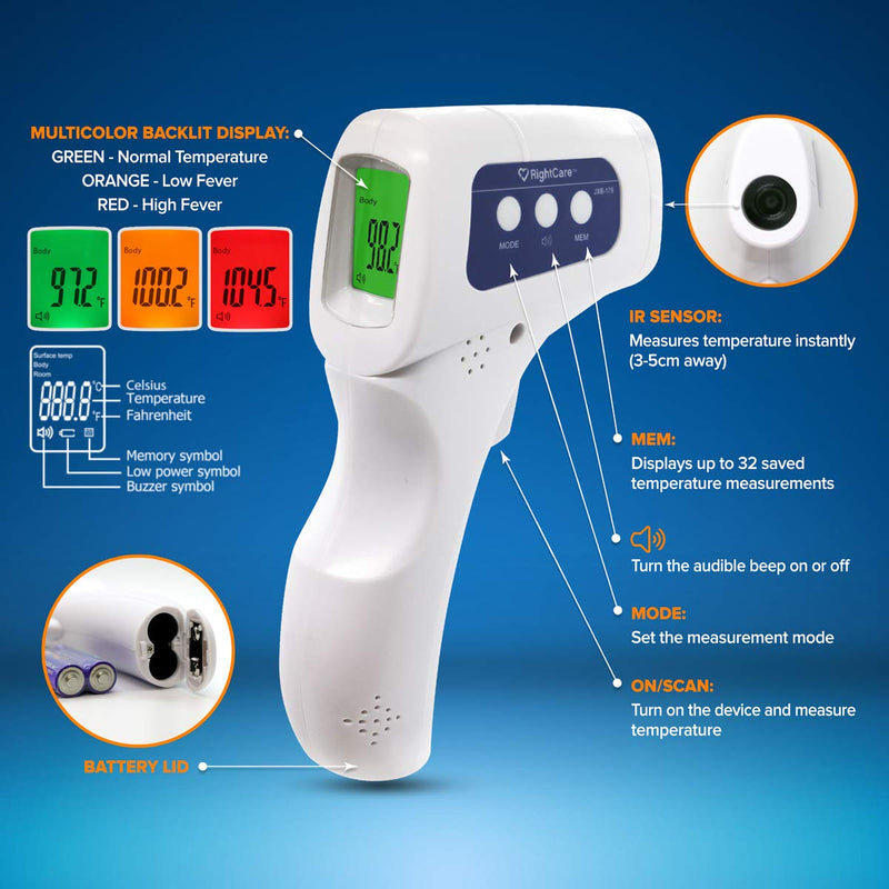 [Australia - AusPower] - RightCare No-Touch Infrared Forehead Thermometer with Instant Results for School, Home, and Businesses, 1 Count 