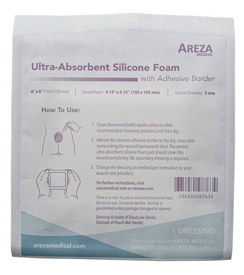 [Australia - AusPower] - Ultra-Absorbent Silicone Foam Dressing with Border (Adhesive) Waterproof 6" X 6" (15 cm X 15 cm) (Central Ultra Absorbent-Foam Pad is 4.15" X 4.15") 5 Per Box (1); Wound Dressing by Areza Medical 1 