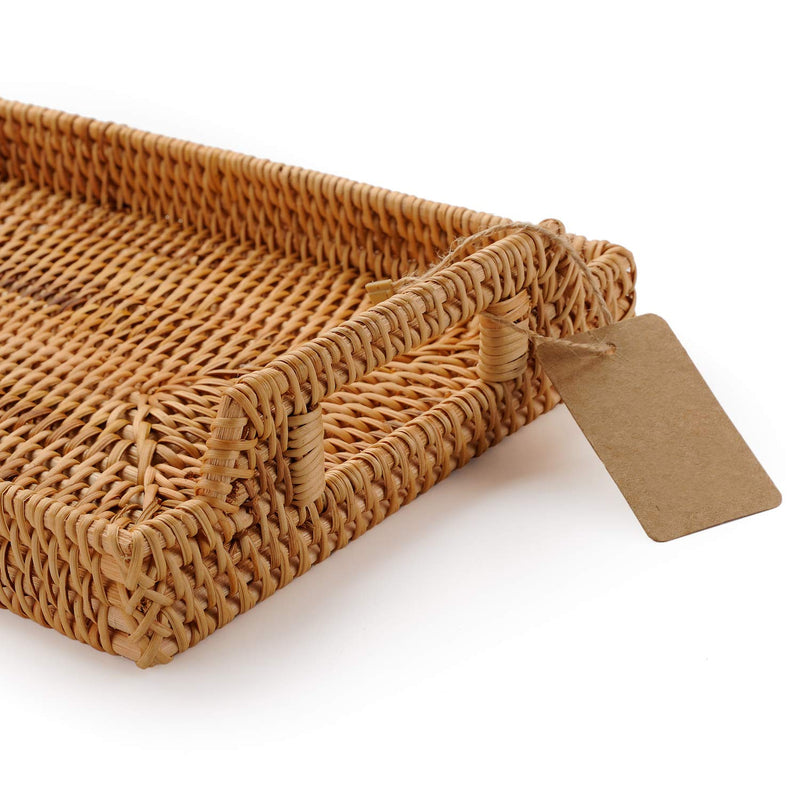 [Australia - AusPower] - DECRAFTS Hand-Woven Rattan Rectangular Serving Tray with Handles for Breakfast, Drinks, Snack for Coffee Table (14.5x10.2x1.4inches) 14.5x10.2x1.4inches 