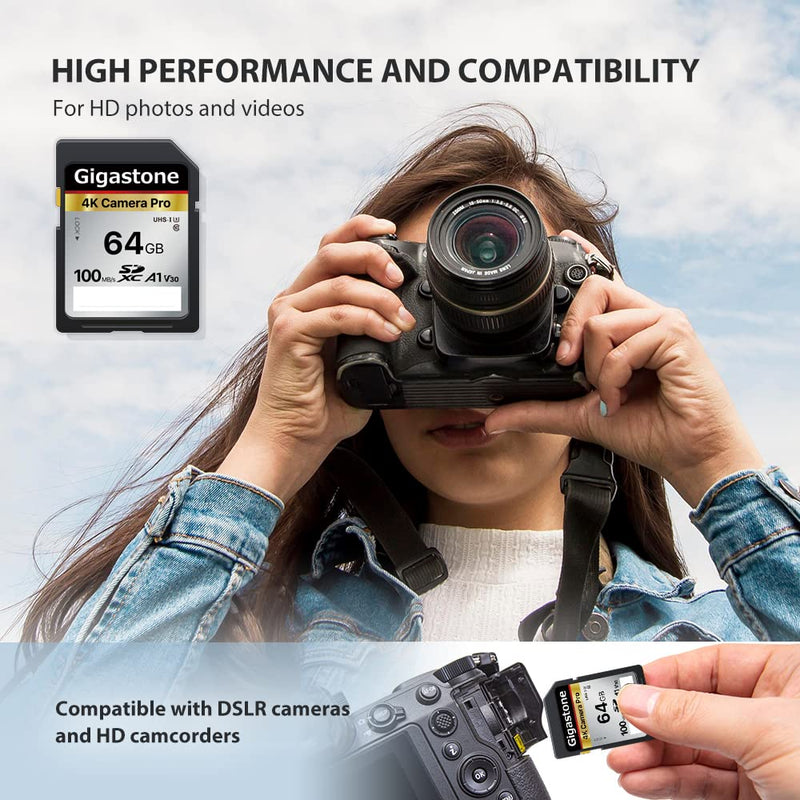 [Australia - AusPower] - Gigastone 64GB SD Card V30 SDXC Memory Card High Speed 4K Ultra HD UHD Video Compatible with Canon Nikon Sony Pentax Kodak Olympus Panasonic Digital Camera with 1 Mini case SD 64GB V30 1PK 